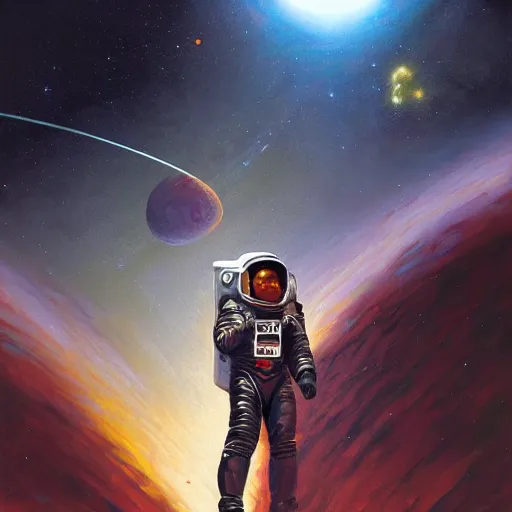 Image similar to detailed painting of a black astronaut spacewalking, planets behind, symmetrical, realistic, art station nebulas, dynamic lighting, 8 k,, art by greg rutkowski, kehinde wiley, alphonse muca, john berkey donoto giancola,