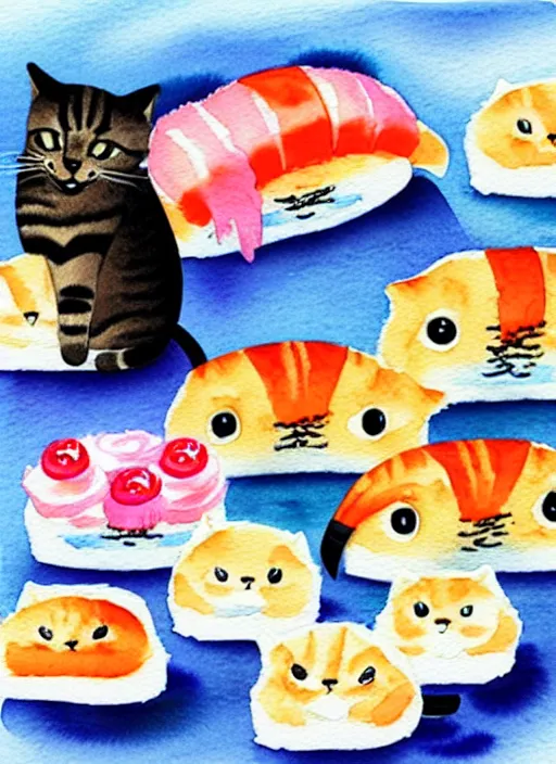 Prompt: cute cats and sushi watercolour