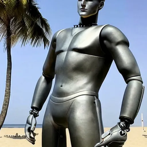 Image similar to a realistic detailed photo of a guy who is an attractive humanoid who is half robot and half humanoid, who is a male android, football player christian mccaffrey, shiny skin, posing like a statue, blank stare, by the beach, on display