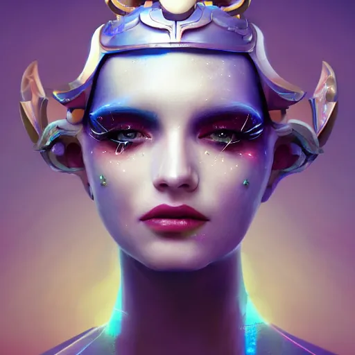 Prompt: beautiful futuristic goddess of jesters wearing a costume head piece and makeup, 8k resolution digital painting, cool cinematic lighting, DeviantArt Artstation, by Jason Felix and Ross Tran and Alessio Albi and Marta Syrko and WLOP