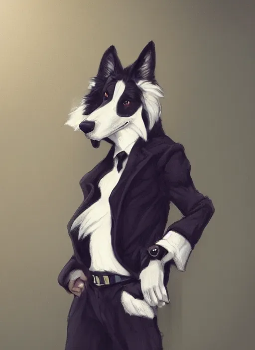 Prompt: wide angle beautiful full body portrait of a strong male anthropomorphic anthro border collie fursona in a suit sitting in a parlor room, character design by charlie bowater, henry asencio, and ross tran, disney, detailed, sharp focus, matte, aesthetic, trending on artstation, furaffinity, deviantart