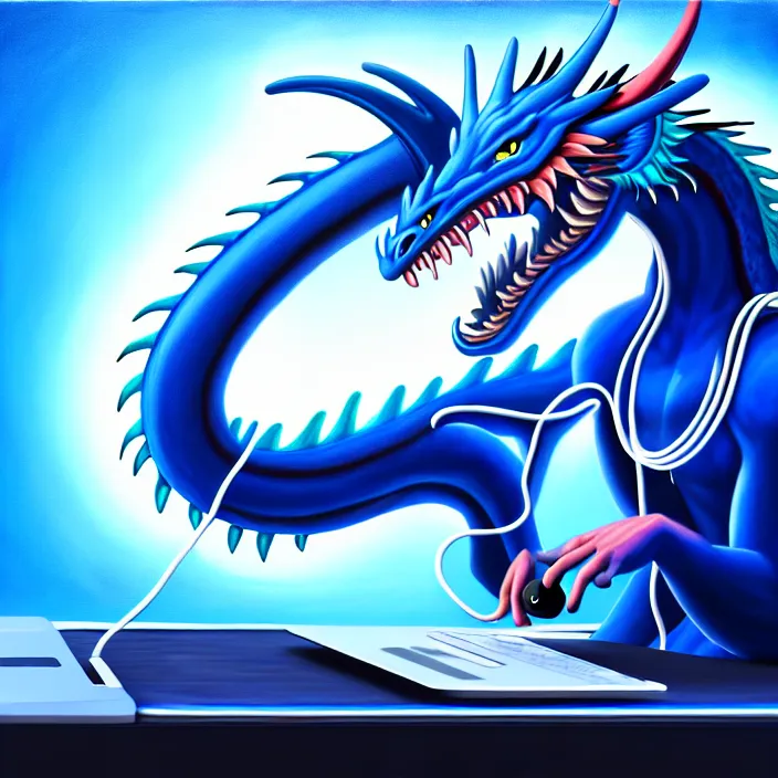 Image similar to a photorealistic painting of an anthropomorphic blue dragon wearing headphones, laptop, oil on canvas, furry, soft lighting