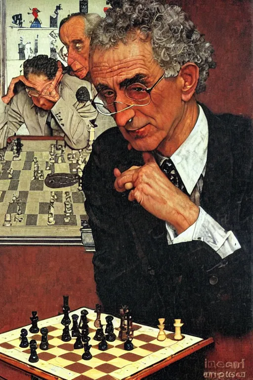 Image similar to franco battiato playing chess painted by norman rockwell