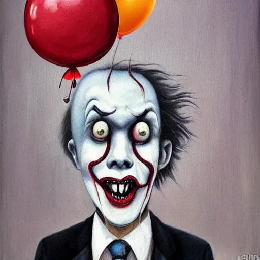 Image similar to grunge painting of donald trump with a wide smile and a red balloon by chris leib, loony toons style, pennywise style, corpse bride style, horror theme, detailed, elegant, intricate