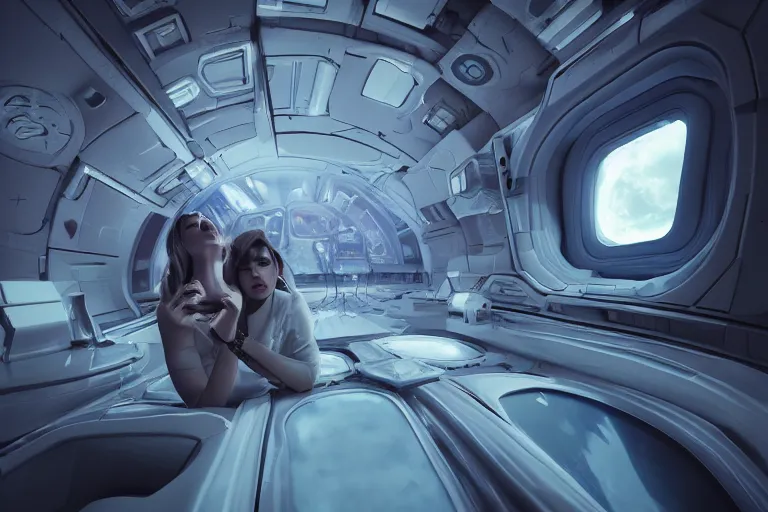 Prompt: 6-handed ethereal angelic creature crawling in a spaceship interior, ultra resolution, portrait photography, cinematic lighting, retrofuturism, centered, 8k, rtx on, sci-fi masters