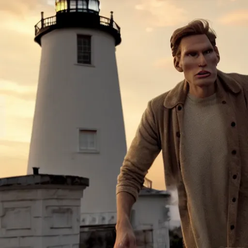 Prompt: Live Action Still of Jerma985 in The Lighthouse (Film), real life, hyperrealistic, ultra realistic, realistic, highly detailed, epic, HD quality, 8k resolution, body and headshot, film still