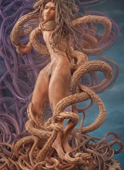 Image similar to medusa made of wax, wooden art nouveau swirls, strong subsurface scattering, cables, tubes, subsurface scattering, in the style of ruan jia and donato giancola and giger, subsurface scattering, mystical colors, rim light, dramatic lighting, 8 k, stunning scene, raytracing, octane render, trending on artstation