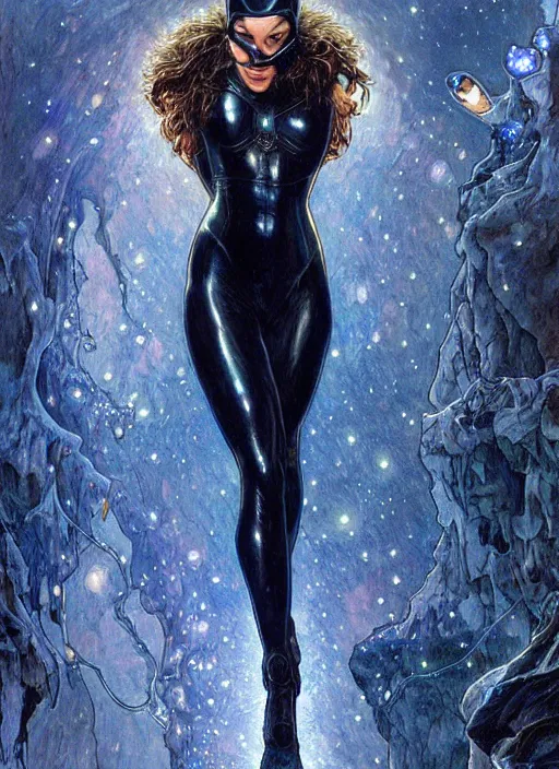 Image similar to epic muscled Mila Kunis as Catwoman walking out of a deep dark cave, puffy warm wooly clothing,stormy snowy winter, blue fireflies, nebula background, torches, fantasy, intricate, elegant, highly detailed, tasteful art by artgerm and donato giancola and alphonse mucha, WLOP