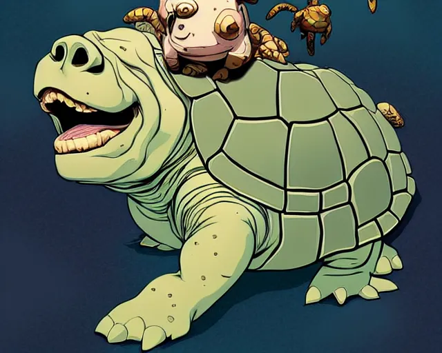 Image similar to cell shaded cartoon of a baby turtle with a bulldog's head, concept art by josan gonzales and wlop, by james jean, victo ngai, david rubin, mike mignola, deviantart, art by artgem