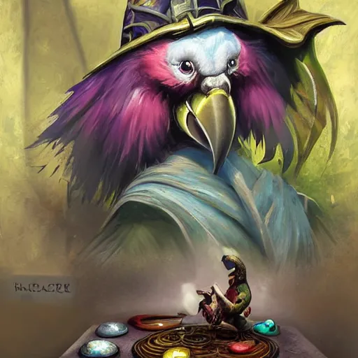 Image similar to Magic the gathering artwork of Anthropomorphized parrot trader in his shop, shelves full, selling a gem, portrait, items, magic potions, carpet, window, fancy funny hat, sly expression , cunning expression, cute expression, presenting magic gem, D&D, fantasy, cinematic lighting, highly detailed, digital painting, artstation, concept art, smooth, sharp focus, illustration, warm light, cozy warm tint, magic the gathering artwork, volumetric lighting, 8k, no gold, no gold colours, art by Akihiko Yoshida and Greg Rutkowski