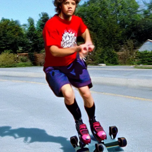 Image similar to jesus christ rollerblading in a 1 9 9 8 teen movie still action