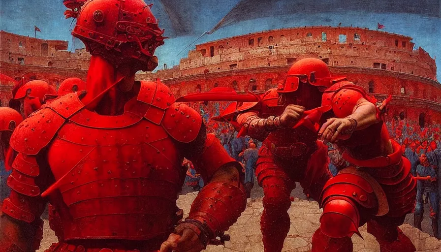 Image similar to only with red, a lightly armored gladiator in a crowded roman amphitheatre, crowd cheering, in the style of beksinski and edward hopper and rodcenko and yue minjun and artgerm, intricate and epic composition, red by caravaggio, highly detailed, masterpiece, red light, artstation