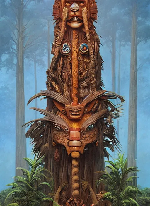 Image similar to a totem in the jungle representing amazonian shamanic tradition, tribal masks, totem, hyper detailed, art by christophe vacher