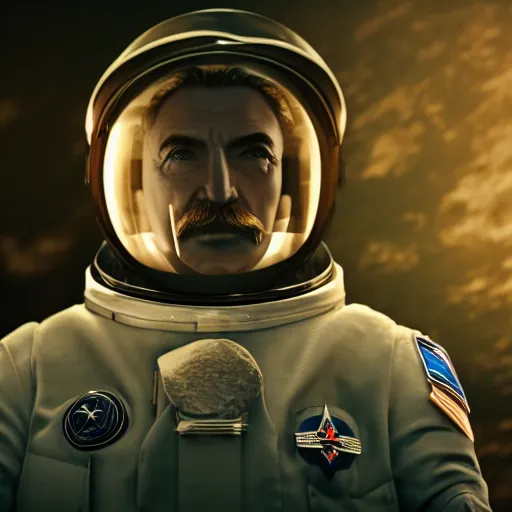 Image similar to Cinematic shot of Joseph Stalin astronaut, hd 4k, AAA game, octane render