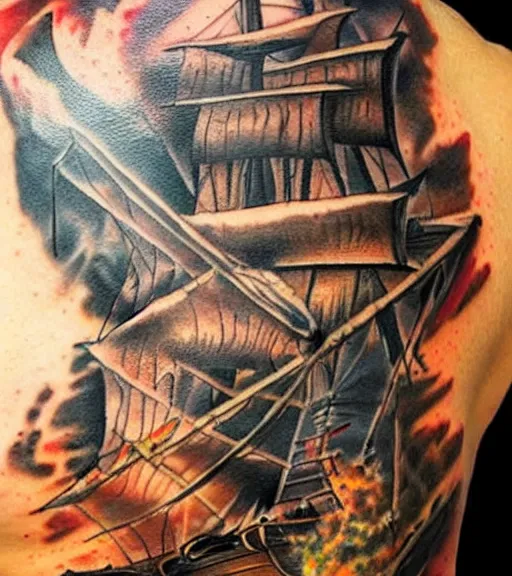 Image similar to A realistic painting of a pirate ship, realism tattoo design, highly detailed tattoo, shaded tattoo, hyper realistic tattoo