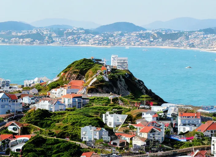 Image similar to down angled view of an anime seaside town, ocean, town, beach, hills