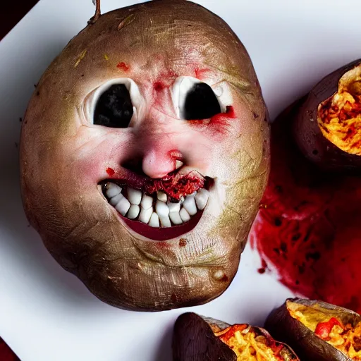 Image similar to evil loaded baked potato face, haunted villain, cinematic, realistic photo, unsettling