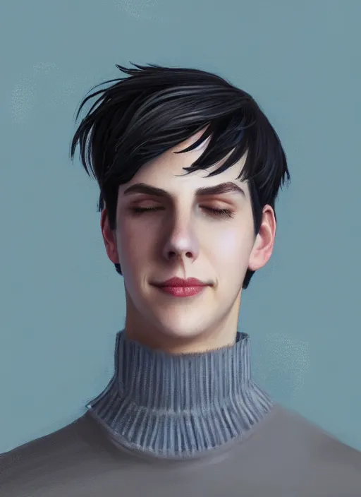 Image similar to portrait of teenage jughead jones wearing a light grey crown, crown, blue turtleneck, closed eyes, eyes closed, smile, crown, black hair, intricate, elegant, glowing lights, warm lighting, highly detailed, digital painting, artstation, concept art, smooth, sharp focus, illustration, art by wlop, mars ravelo and greg rutkowski