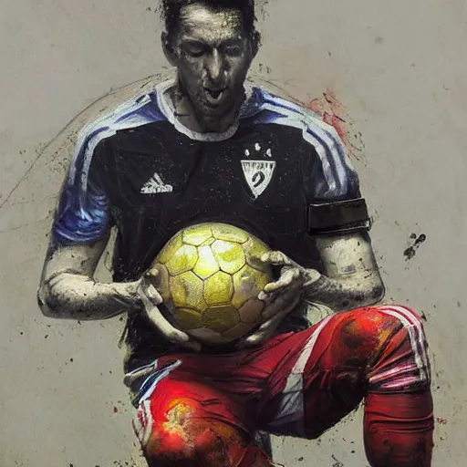 Image similar to A realistic hyperdetailed multi-colored digital oil full body portrait painting of a goal keeper on his knees holding a soccer ball up to the sky in the style of Guy Denning, Ruan Jia, and Craig Mullins. Trending on ArtStation and DeviantArt. CGSociety Digital art.