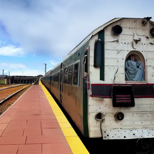 Prompt: jesus waiting for a train at peterborough in south australia