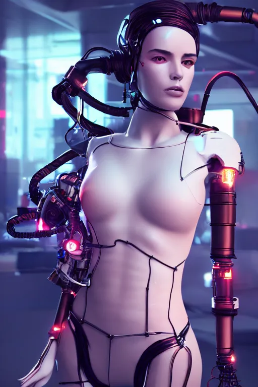 Prompt: Odette Juliette Annable as a beautiful brunette cyberpunk female robot with exposed wires and hoses, neon, character design, whole body, face, photorealistic, octane render, artstation, unreal engine