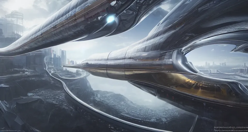 Prompt: A highly detailed matte oil painting of a gigantic transparent hyperloop tube with capsules moving at supersonic speed by Grant Yun, hyperrealistic, cinematic angle, breathtaking, beautiful composition, by Artgerm, volumetric lighting, intricate insanely detailed octane render, 8K resolution, high contrast, trending on artstation, future art