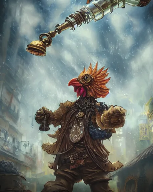 Image similar to Chicken, Anthropomorphized, holding waterthrower, raging, Golden Steampunk city atmosphere, magic the gathering artwork, D&D, fantasy, cinematic lighting, centered, symmetrical, highly detailed, digital painting, artstation, concept art, smooth, sharp focus, illustration, volumetric lighting, epic Composition, 8k, art by Akihiko Yoshida and Greg Rutkowski and Craig Mullins, heroic pose, oil painting, cgsociety