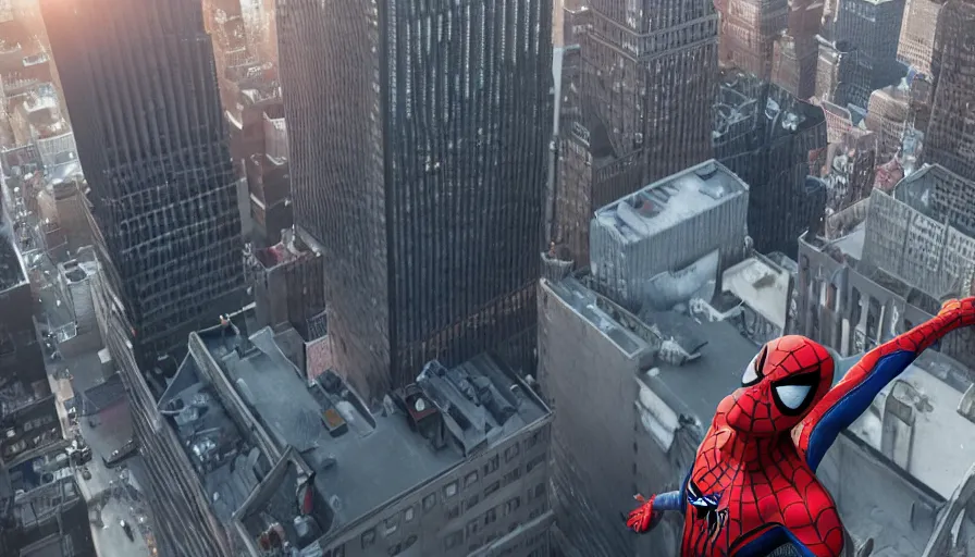 Image similar to spider - man on top of a building in new york watching the sunset, unreal engine 5, render, cg society