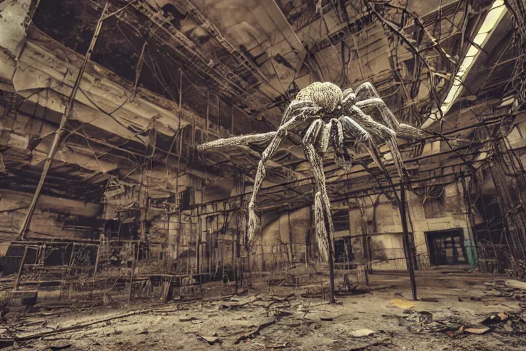 Image similar to a giant spider and a man in an abandoned industrial complex, intricate details, cinematic, wide angle