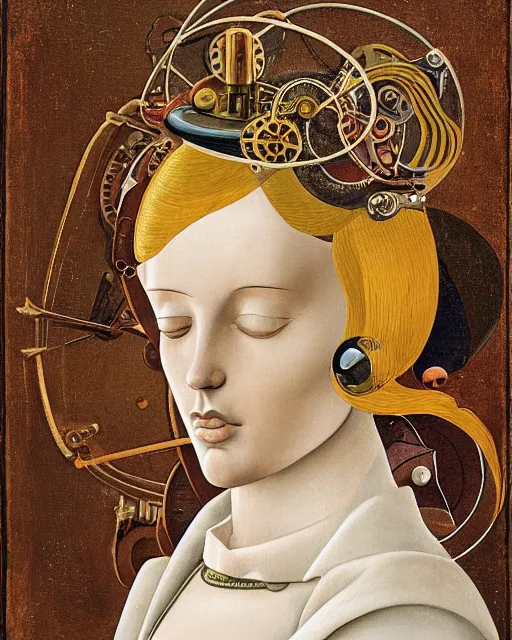 Image similar to portrait of steampunk female android, by fra angelico and sandro botticelli