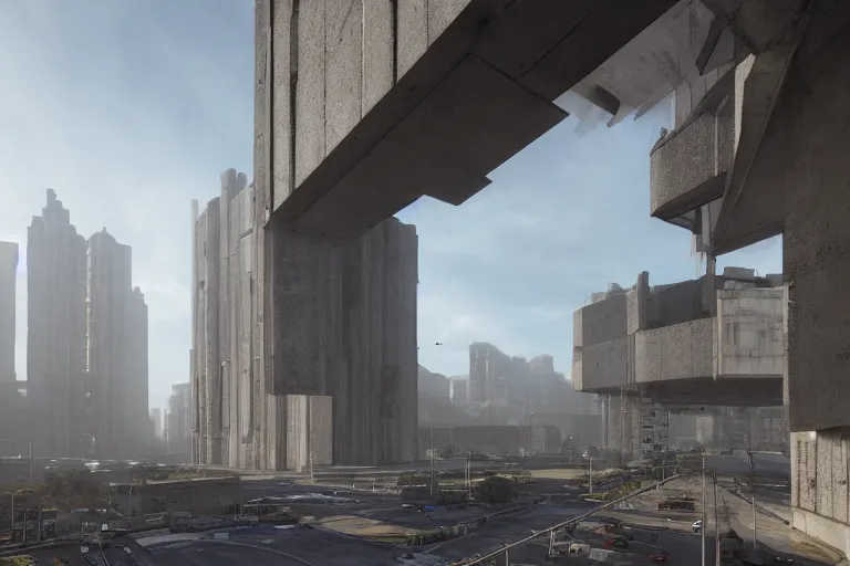 Image similar to streetscape, a towering cathedral of brutalist architecture, buildings covered with greebles, stunning volumetric light, sunset, metal, concrete and translucent material, stunning skies, majestic landscape, trending on Artstation, 8k, photorealistic, hyper detailed, unreal engine 5, IMAX quality, cinematic, epic lighting, in the style of Greg Rutkowski