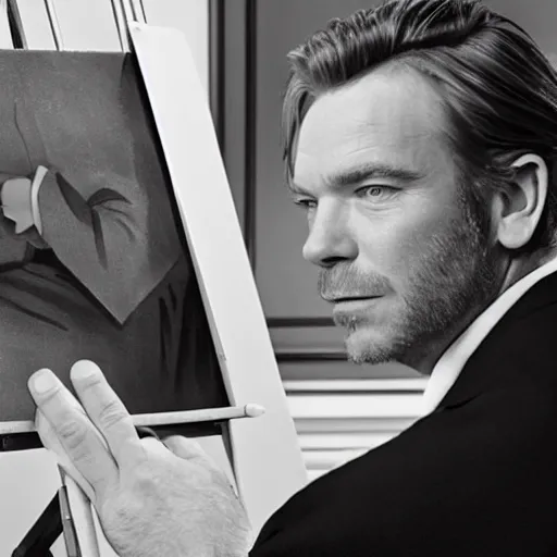 Prompt: ewan mcgregor is dressed as a gentleman at early 2 0 th century paris. he is watching an easel. that easel has a canvas on it. ewan mcgregor has a brush on his hand. he is painting a painting. realistic painting with strong outlines, by studio ghibli