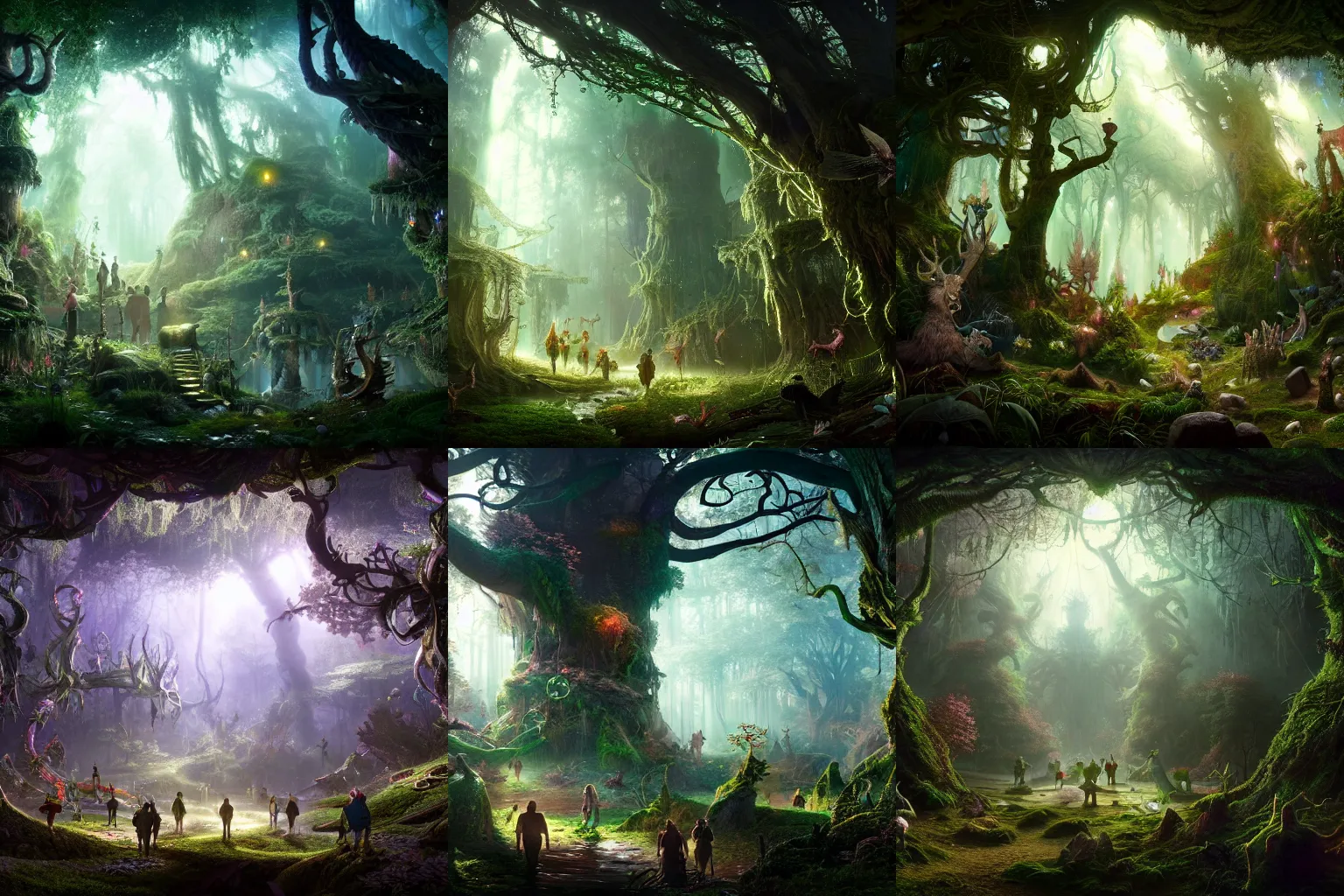 Prompt: a group of scientist exploring a magical fantasy forest, epic composition, intricate details, hyper detailed, 8 k, volumetric light, magical atmosphere