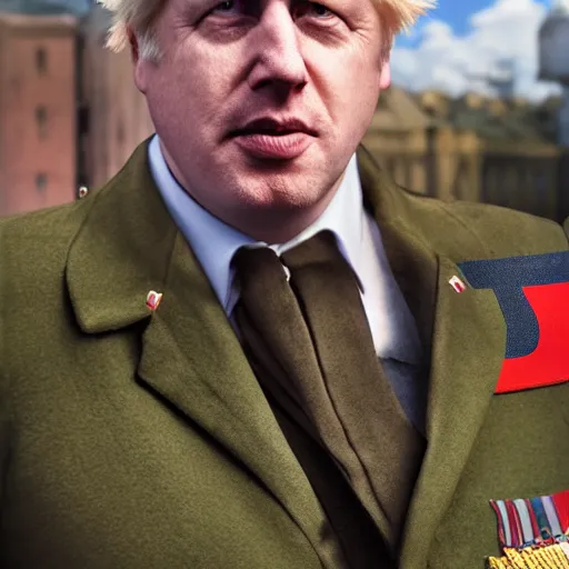 Prompt: boris johnson with ussr military uniform on in kyiv, realistic, long shot, sunny lighting, octane render, gq magazine, hyper realistic, high quality, highly detailed, hd, beautiful, cinematic, 8 k, unreal engine, facial accuracy,