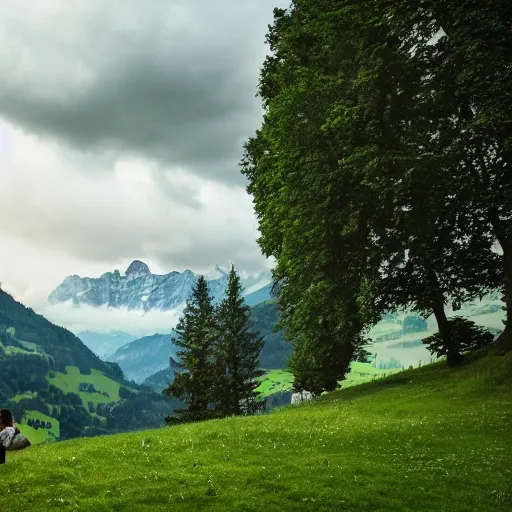 Image similar to a beautiful photograph of a girl with switzerland landscape in the background with trees, hdr, 8 k, high quality, sharp focus, artstation, highly detailed, award - winning, dramatic lighting, beautiful clouds, and nature