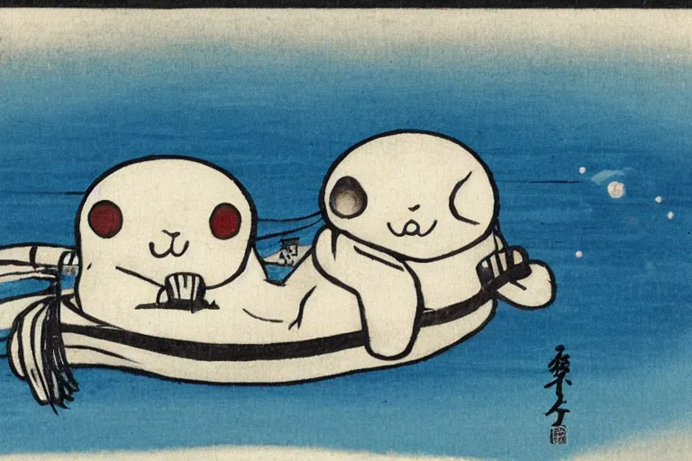 Image similar to baby harp seal as Yōkai, traditional Japanese painting