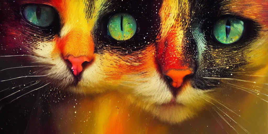 Prompt: wide shot portrait of beautiful cat by irakli nadar with intricate detailed color smashing fluid oil paint and acrylic, heterochromia, melting wax, mycelia, abstract impressionism, ruan jia, fantasy, hyper detailed, concept art, by gustav klimt,