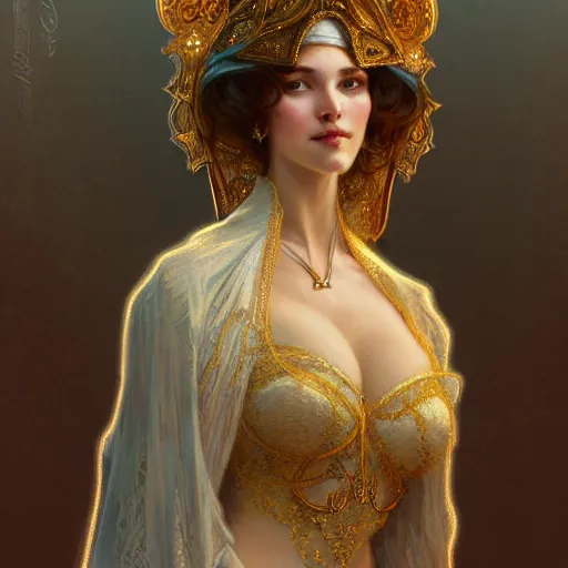 Image similar to character portrait of a modest woman, tall, feminine, powerful, modestly clothed, voluminous, intricate, elegant, highly detailed, digital painting, artstation, smooth, symmetrical, sharp focus, illustration, art by gaston bussiere and alphone mucha