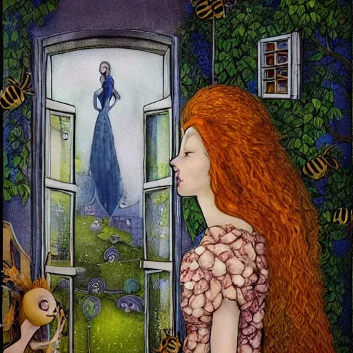 Image similar to a portrait of a woman standing infront of a window, she is happy and has lovely hair and eyes, a man is standing behind her with a look of suprise in his face, 🪴🌳🐝, 8 k, lowbrow, in the style of daniel merriam and alexander jansson,