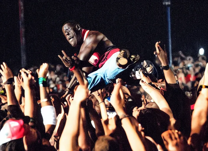 Prompt: photo still of wesley snipes from demolition man on stage at vans warped tour!!!!!!!! at age 3 3 years old 3 3 years of age!!!!!!!! stage diving into the crowd, 8 k, 8 5 mm f 1. 8, studio lighting, rim light, right side key light