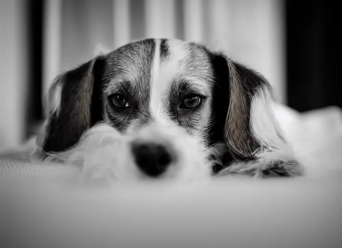 Image similar to photography of a Jack Russel . watching outside the window. on a bed. in a white room.,volumetric light, photorealistic,, award winning photo, 100mm, sharp, cloth, high res