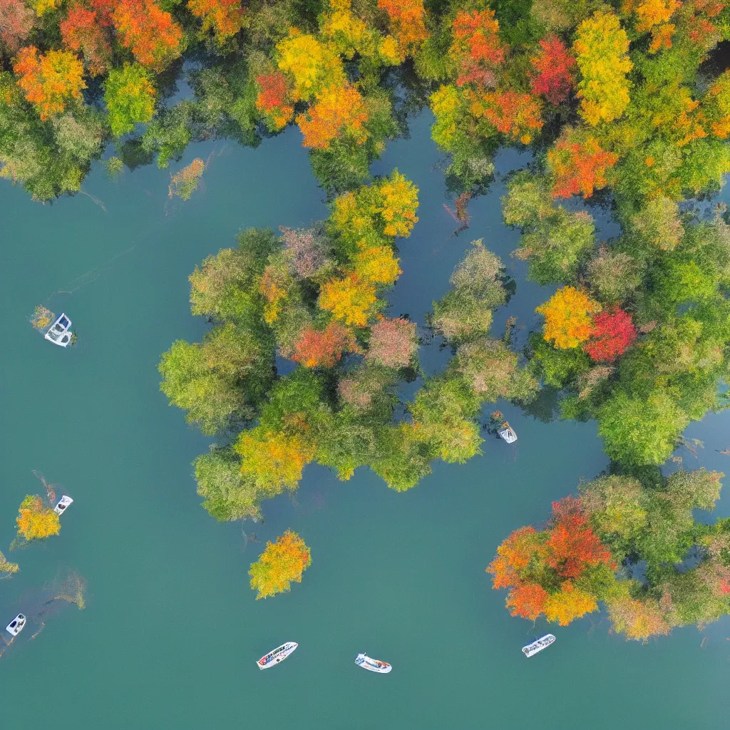 Prompt: ariel view of lake, silver cloud reflections, boats, colourful august foliage, very detailed, 4 k, professional photography