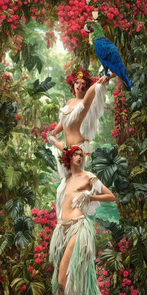 Image similar to anthropomorphic macaw woman wearing a flowing samba inpsired white and mint colored paper dress, background amazon jungle made of paper, paper Bougainvillea, ethereal, fantasy, Lawrence Alma-Tadema, James Jean, oozium, peter morbacher, angelarium, alchemy, luxury, heavenly light, Soft illumination, Trending on artstation, Cinematic Lighting, very detailed, 3D, octane render, artgerm