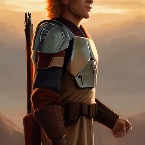 Prompt: a young blonde male jedi with short hair standing still looking at the sunset concept art by Doug Chiang cinematic, realistic painting, high definition, concept art, the Mandalorian concept art style