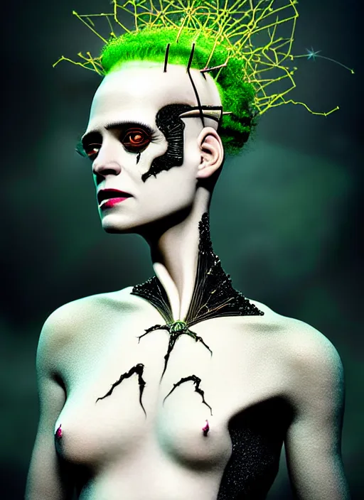 Prompt: portrait of kristen mcmenamy as a futuristic bride of frankenstein, kintsugi, modern fine art, fractal, intricate, elegant, highly detailed, digital photography, subsurface scattering, by jheronimus bosch and greg rutkowski,