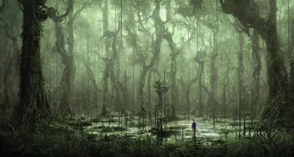 Image similar to A dense and dark enchanted forest with a swamp, by Marc Simonetti