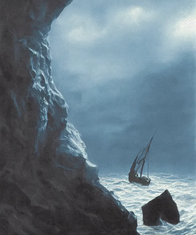 Image similar to photorealistic blue - toned photo of a 1 9 2 5 seiner sailing near a tropical skull - shaped cliff with the mouth of a sea cave at the waterline, dark, brooding, atmospheric, lovecraft, horror, smooth, epic, highly detailed, cinematic, by clyde caldwell
