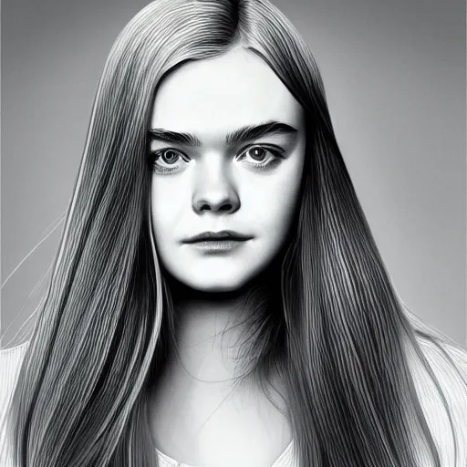 Image similar to Elle Fanning, head and shoulders portrait, extremely detailed masterpiece, one single continues line.