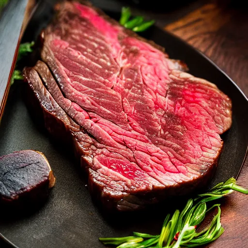 Image similar to A perfectly guitar shaped perfectly cooked medium rare steak, food photography, 35mm, macro