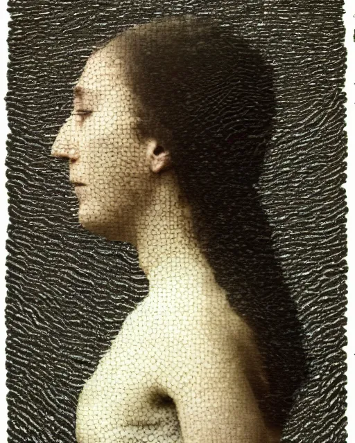 Image similar to a woman's face in profile, made of fish scales, in the style of the dutch masters and gregory crewdson, dark and moody